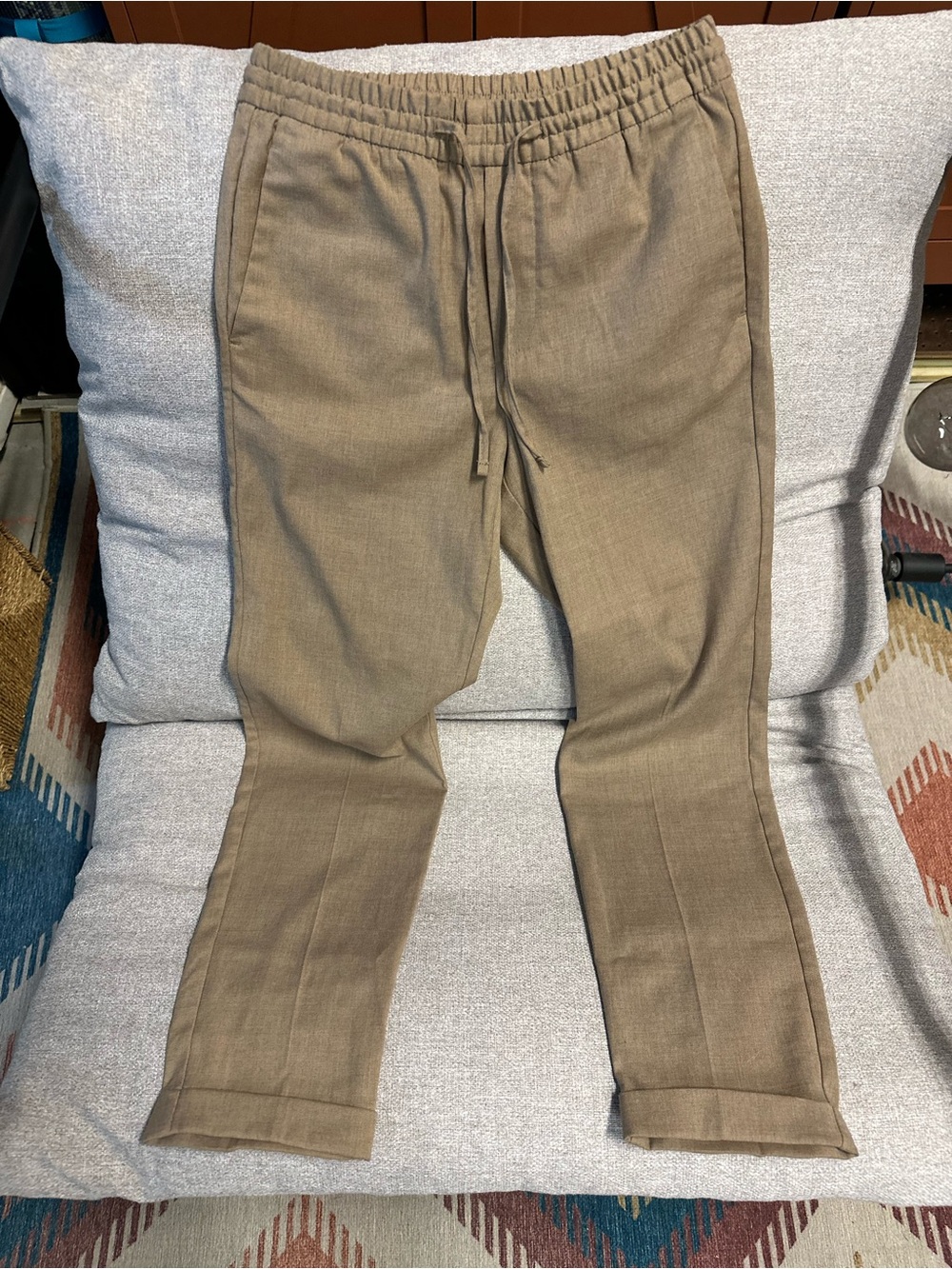 H&M Women’s Tan Drawstring Trousers Slim Fit XS Linen Texture